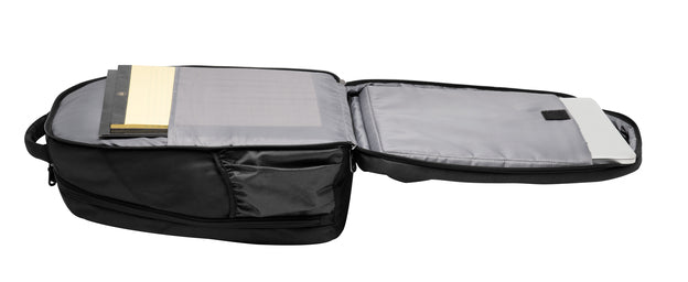 Santa Rosa Gymnastics embroidered backpack unzipped and folded open clamshell-style, showing the padded laptop compartment and interior organization