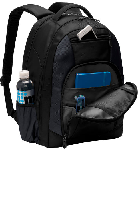 Santa Rosa Gymnastics embroidered backpack shown open, displaying the front organizer pocket in use with a water bottle, phone, and tablet